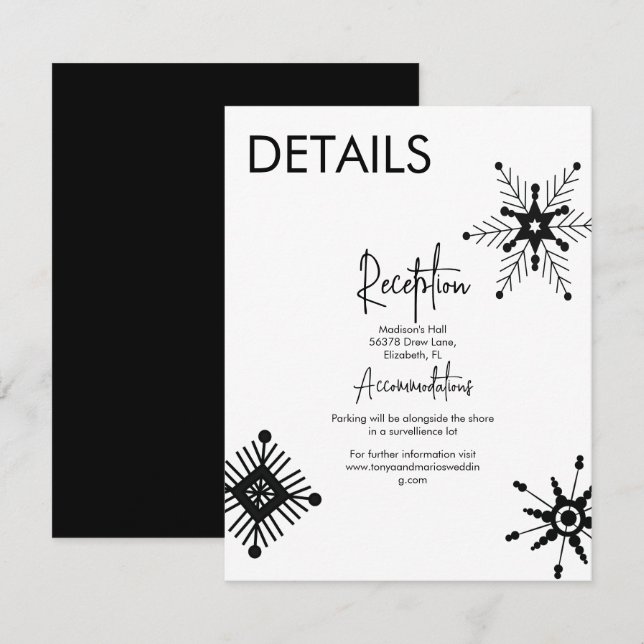 Modern Black Snowflake Wedding Details Invitation (Front/Back)