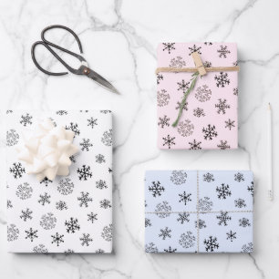 Modern Black Snowflakes Blue Pink White Christmas Wrapping Paper Sheets