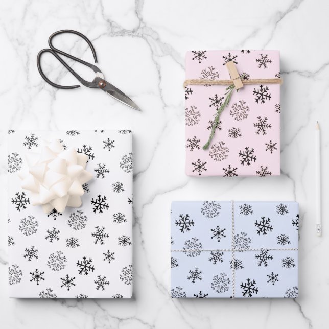 Modern Black Snowflakes Blue Pink White Christmas Wrapping Paper Sheets (Front)