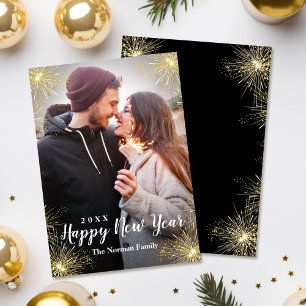 Modern Black Sparkler Happy New Year Photo Holiday Card