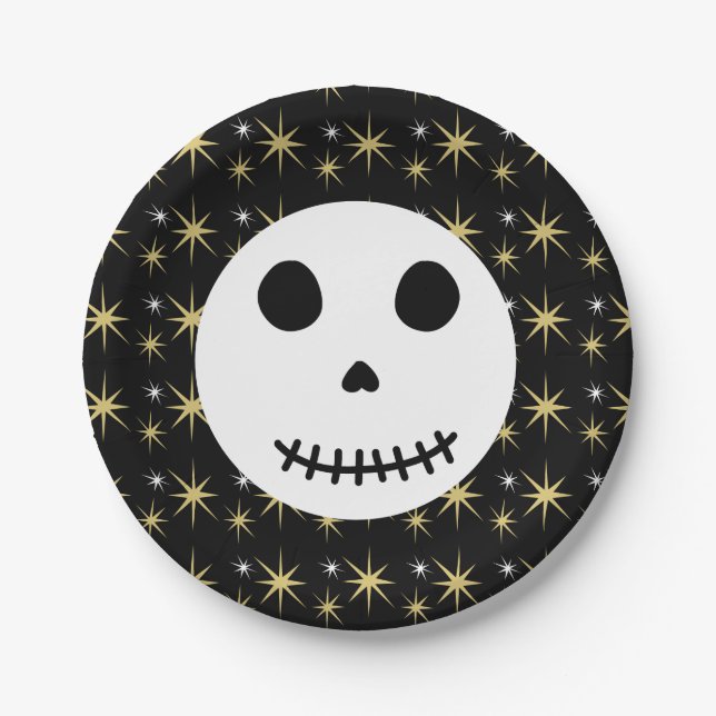 Modern Black Spooky Halloween Skull  Paper Plates (Front)