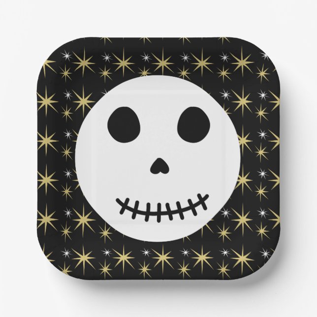 Modern Black Spooky Halloween Skull  Paper Plates (Front)