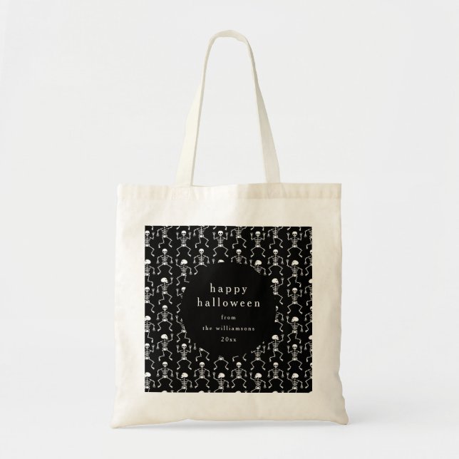 Modern Black Spooky Skeleton Halloween Custom Tote Bag (Front)