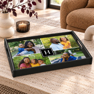 Modern Black Square Monogram Family Photo Serving Tray