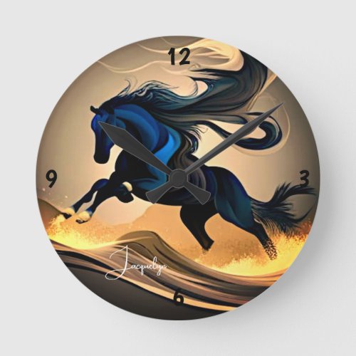 Modern Black Stallion in Desert Round Clock