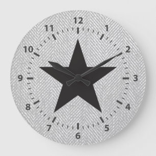 Modern Black Star Gray & White Herringbone Large Clock