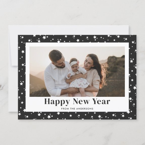 Modern Black Stars Photo Happy New Year Card