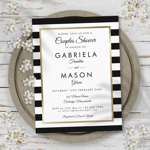 Modern Black Stripe Gold Couples Shower Invitation Postcard