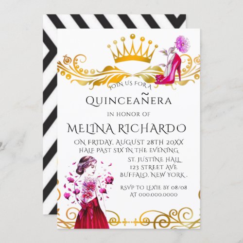 Modern Black Stripe Pink Fashion Quinceanera Party Invitation