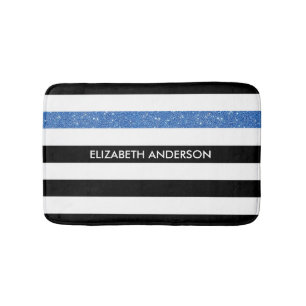 Modern Black Stripes FAUX Blue Glitz and Name Bathroom Mat
