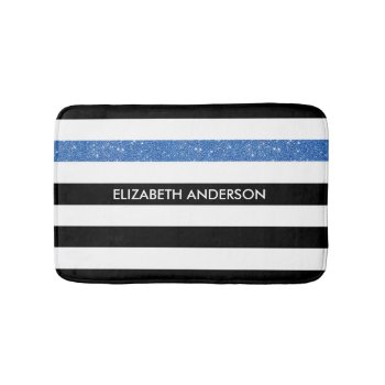 Modern Black Stripes Faux Blue Glitz And Name Bathroom Mat by ohsogirly at Zazzle