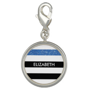 Modern Black Stripes FAUX Blue Glitz and Name Charm