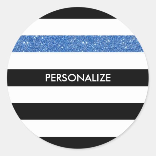 Modern Black Stripes FAUX Blue Glitz and Name Classic Round Sticker