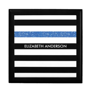 Modern Black Stripes FAUX Blue Glitz and Name Gift Box