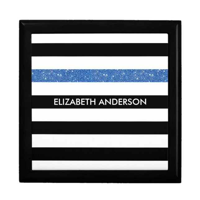 Modern Black Stripes FAUX Blue Glitz and Name Gift Box (Front)