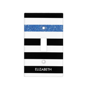 Modern Black Stripes FAUX Blue Glitz and Name Light Switch Cover