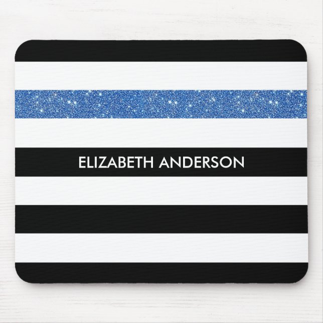 Modern Black Stripes FAUX Blue Glitz and Name Mouse Pad (Front)