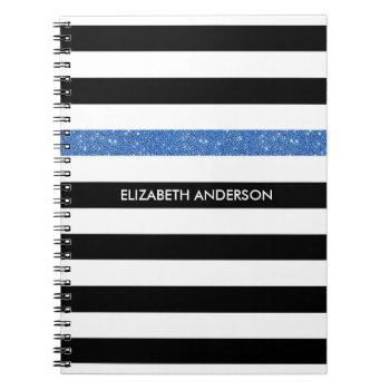 Modern Black Stripes Faux Blue Glitz And Name Notebook by ohsogirly at Zazzle