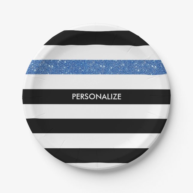 Modern Black Stripes FAUX Blue Glitz and Name Paper Plates (Front)