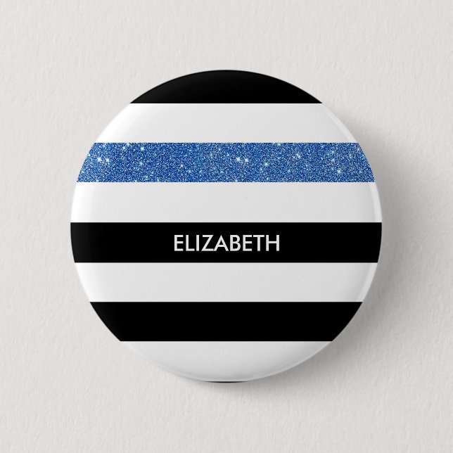 Modern Black Stripes FAUX Blue Glitz and Name Pinback Button (Front)