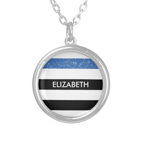 Modern Black Stripes FAUX Blue Glitz and Name Silver Plated Necklace