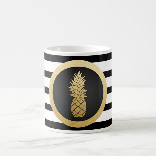 Modern Black Stripes Faux Gold Foil Pineapple Coffee Mug (Center)