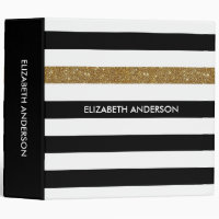 Modern Black Stripes FAUX Gold Glitz and Name 3 Ring Binder