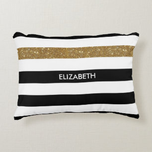 Modern Black Stripes FAUX Gold Glitz and Name Accent Pillow