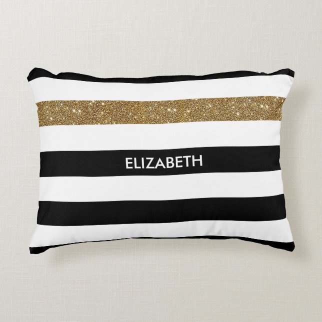 Modern Black Stripes FAUX Gold Glitz and Name Accent Pillow (Front)
