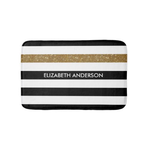 Modern Black Stripes FAUX Gold Glitz and Name Bath Mat