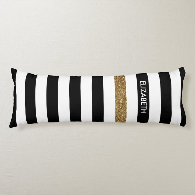 Modern Black Stripes FAUX Gold Glitz and Name Body Pillow
