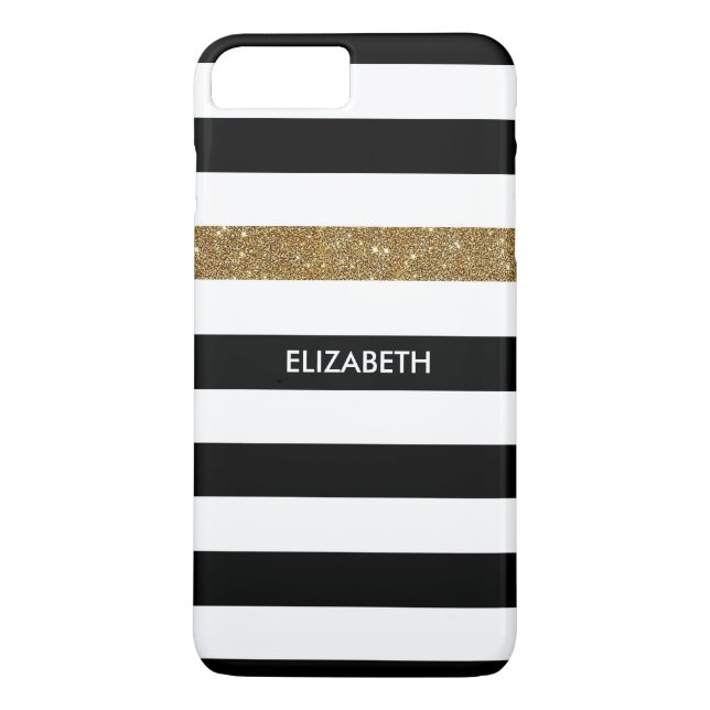 Modern Black Stripes FAUX Gold Glitz and Name Case-Mate iPhone Case (Back)