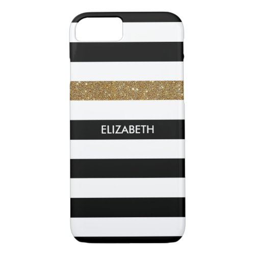 Modern Black Stripes FAUX Gold Glitz and Name iPhone 87 Case