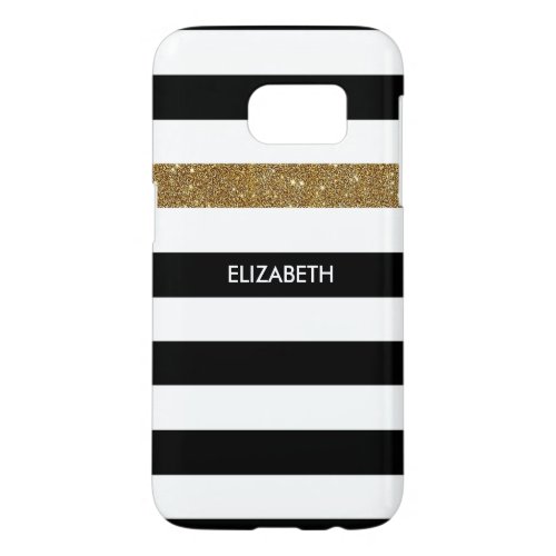 Modern Black Stripes FAUX Gold Glitz and Name Samsung Galaxy S7 Case