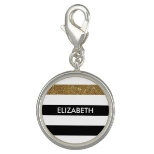 Modern Black Stripes FAUX Gold Glitz and Name Charm