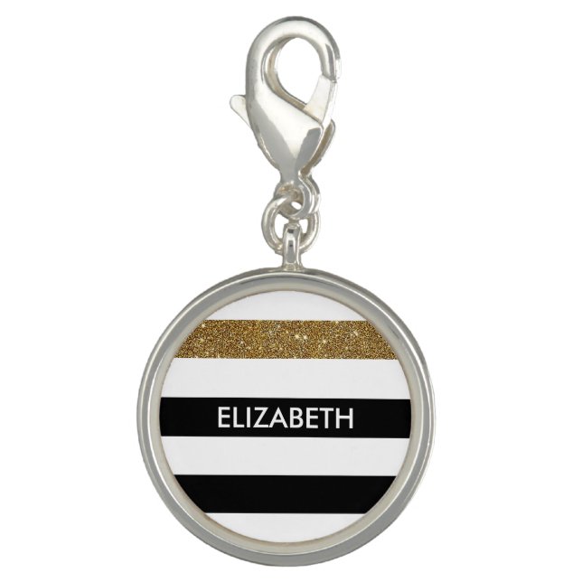 Modern Black Stripes FAUX Gold Glitz and Name Charm (Front)