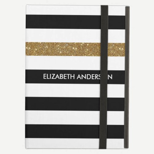 Modern Black Stripes FAUX Gold Glitz and Name Cover For iPad Air