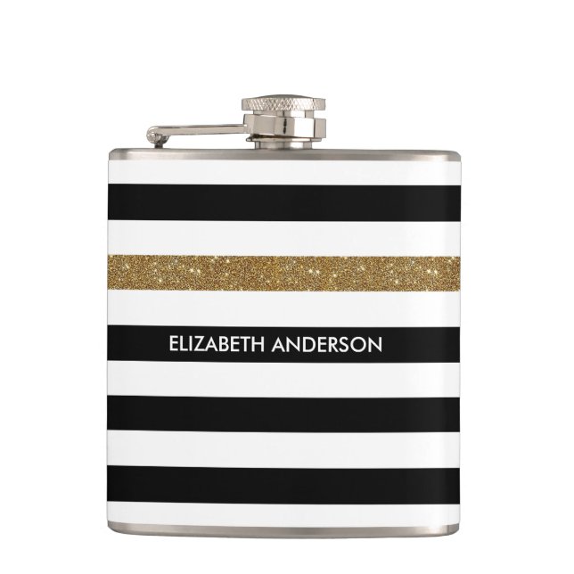 Modern Black Stripes FAUX Gold Glitz and Name Flask (Front)