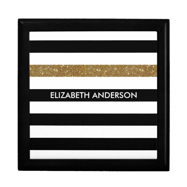 Modern Black Stripes FAUX Gold Glitz and Name Gift Box (Front)