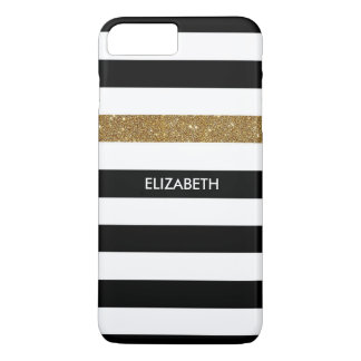 Modern Black Stripes FAUX Gold Glitz and Name iPhone 7 Plus Case