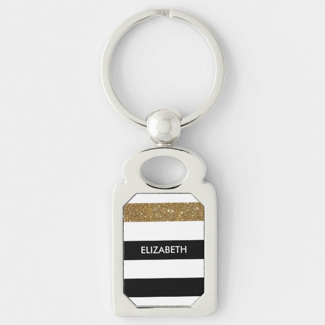 Modern Black Stripes FAUX Gold Glitz and Name Keychain (Front)