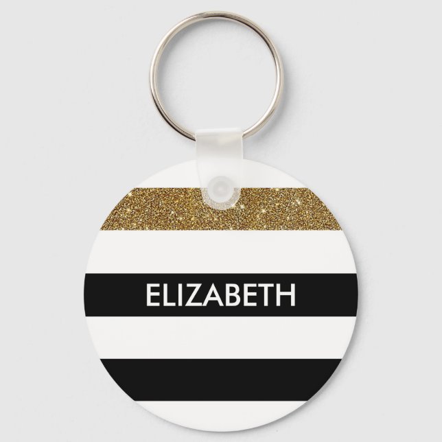 Modern Black Stripes FAUX Gold Glitz and Name Keychain (Front)