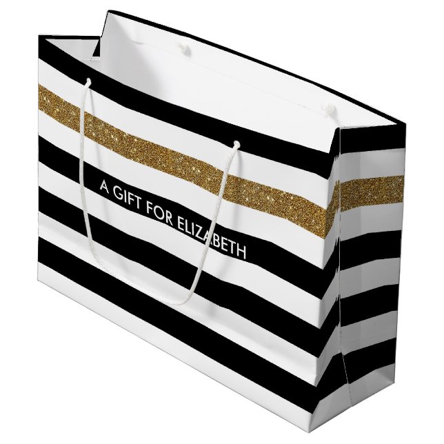 Modern Black Stripes FAUX Gold Glitz and Name Large Gift Bag (Front Angled)