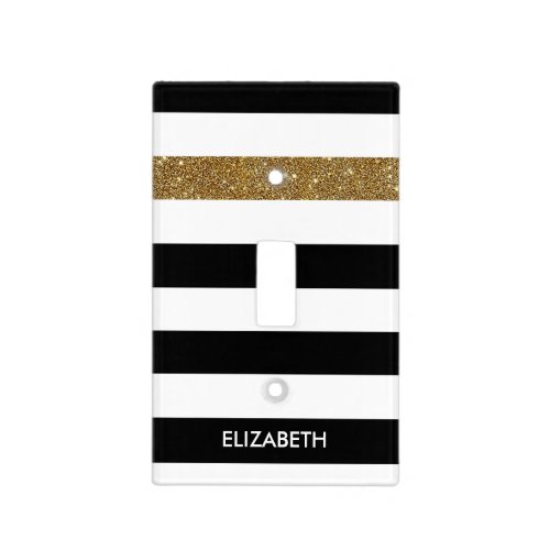 Modern Black Stripes FAUX Gold Glitz and Name Light Switch Cover