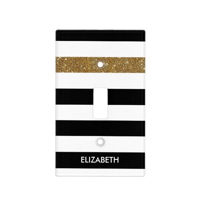 Modern Black Stripes FAUX Gold Glitz and Name Light Switch Cover (Front)