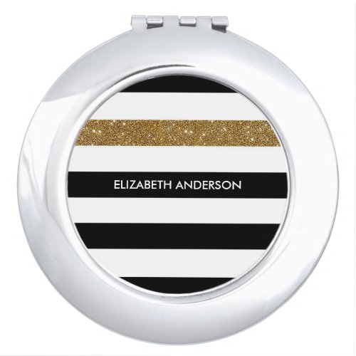 Modern Black Stripes FAUX Gold Glitz and Name Makeup Mirror