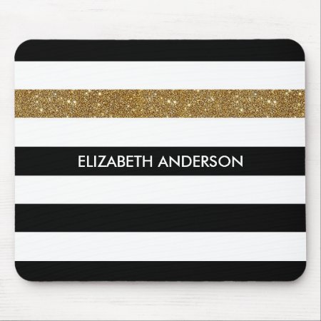 Modern Black Stripes Faux Gold Glitz And Name Mouse Pad