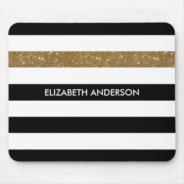 Modern Black Stripes FAUX Gold Glitz and Name Mouse Pad (Front)