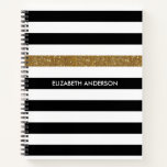 Modern Black Stripes Faux Gold Glitz And Name Notebook at Zazzle