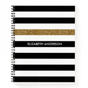 Modern Black Stripes FAUX Gold Glitz and Name Notebook